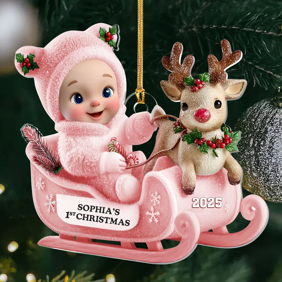 Baby's First Christmas Sleigh - Personalized 1-Layer Acrylic Ornament