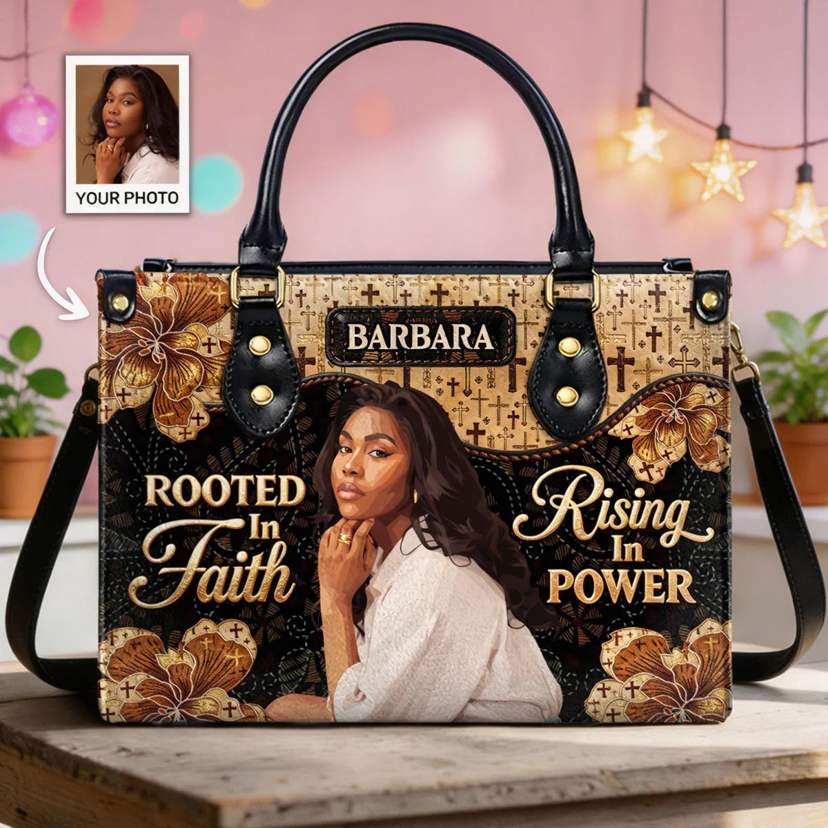 Rooted In Faith Rising In Power - Personalized Leather Handbag