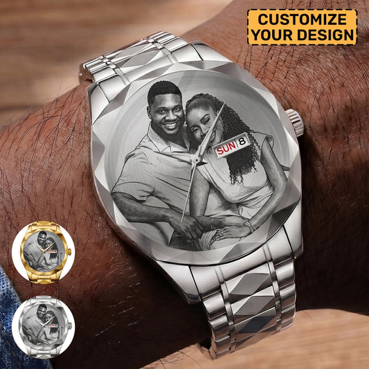 Custom Photo Husband Wife Couple Anniversary Gift - Personalized Men's Wrist Watch